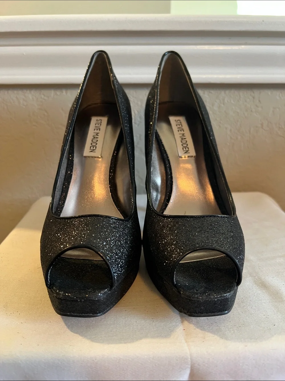 Steve Madden Black Glitter Open-Toe Platform Pumps